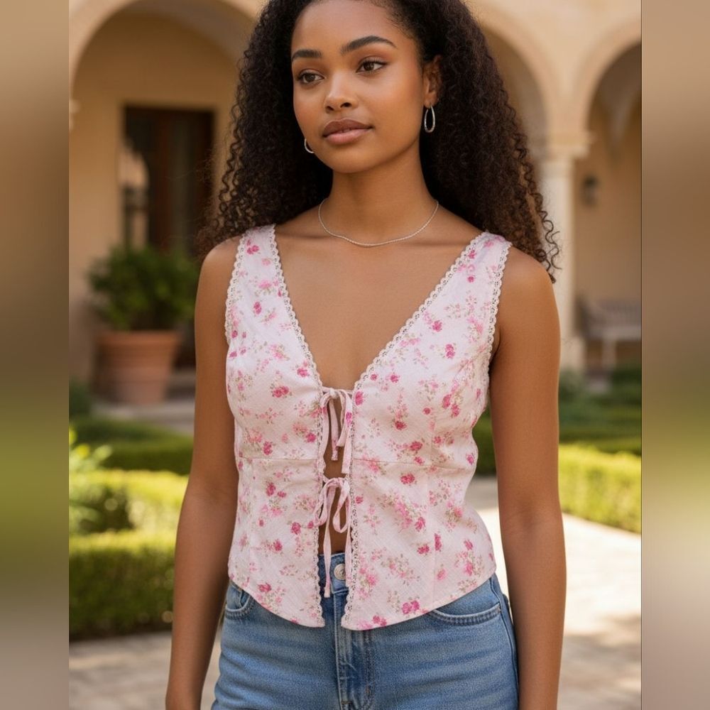 Floral Pink Lace Trim Women's Top